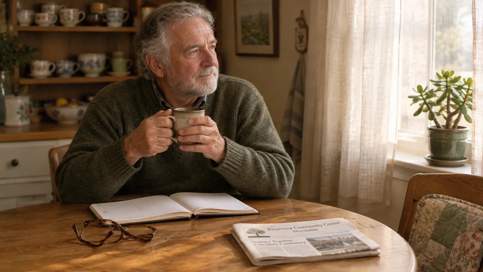 An older bearded man holding a mug sits at a wooden table with a notebook and glasses, looking out a window.