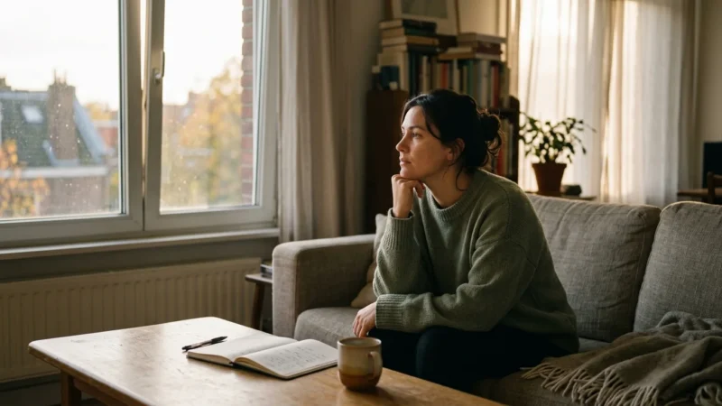 A woman in a green sweater sits thoughtfully on a living room sofa, looking out a large window beside an open notebook.