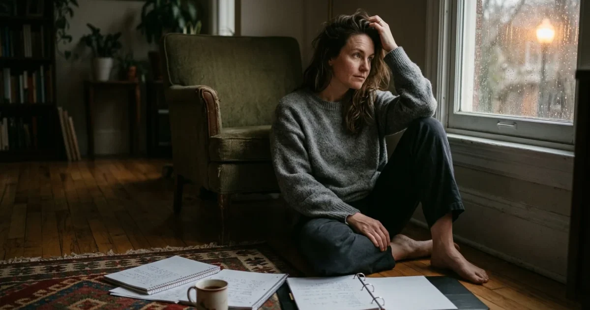 A woman sits on a wooden floor looking out a rainy window, with open notebooks and a mug on an ornate rug beside her.