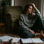 A woman sits on a wooden floor looking out a rainy window, with open notebooks and a mug on an ornate rug beside her.