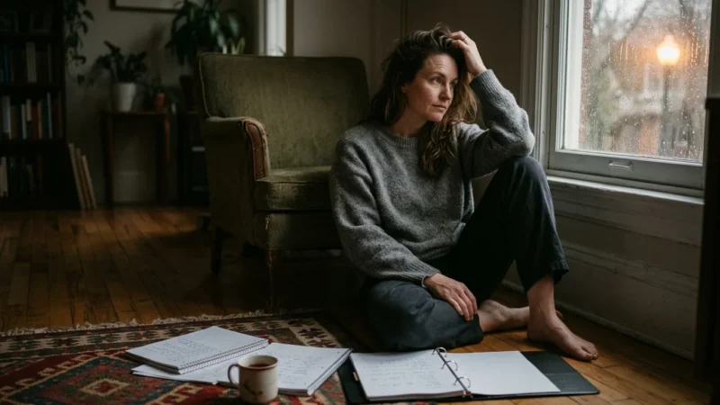 A woman sits on a wooden floor looking out a rainy window, with open notebooks and a mug on an ornate rug beside her.