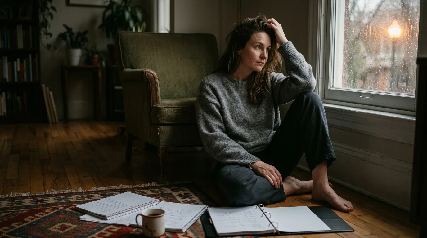 A woman sits on a wooden floor looking out a rainy window, with open notebooks and a mug on an ornate rug beside her.