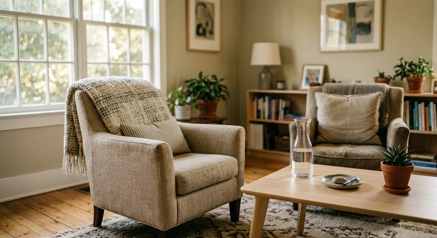 Two upholstered armchairs facing a wooden coffee table with a water carafe in a brightly lit counseling room.