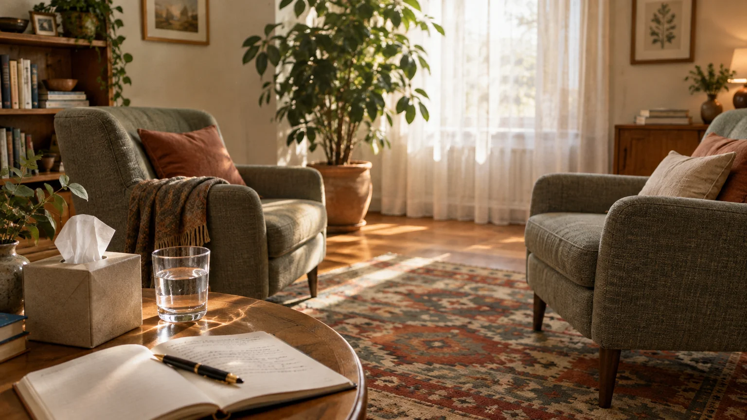Cozy therapy office with two armchairs facing each other, a coffee table with tissues and a notebook, and sunny windows.