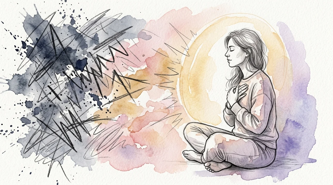 Watercolor sketch of a woman meditating inside a glowing bubble, shielded from chaotic dark scribbles outside.