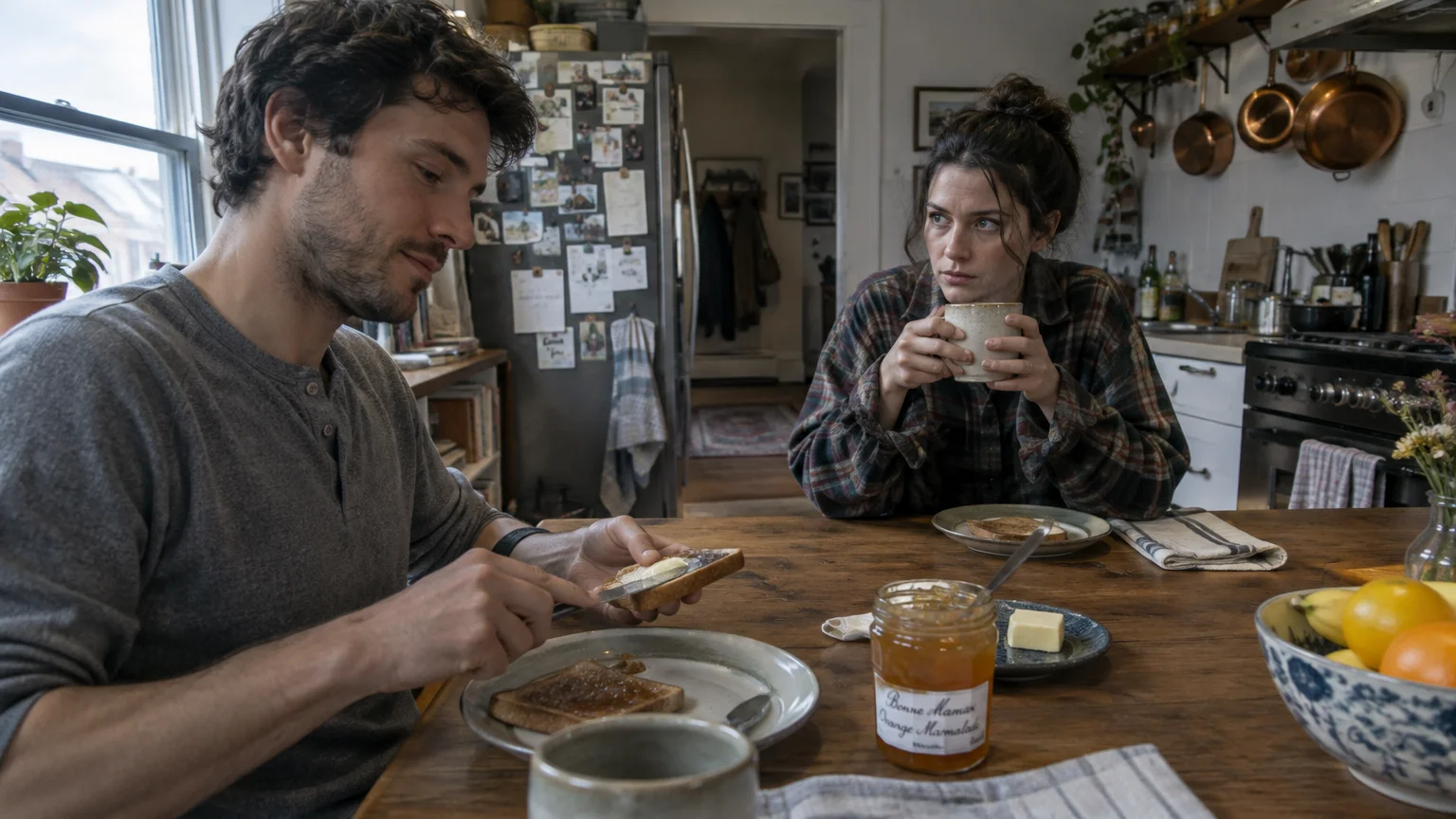 A woman holds a mug and looks intently at a man buttering toast at a kitchen table.