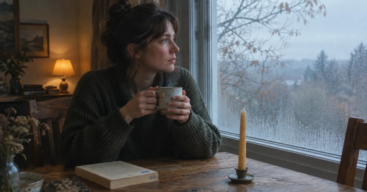 A woman in a dark sweater sits by a rain-streaked window holding a steaming mug beside a book and a candle.