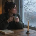 A woman in a dark sweater sits by a rain-streaked window holding a steaming mug beside a book and a candle.