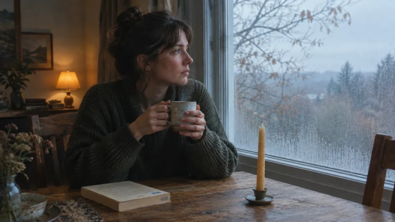 A woman in a dark sweater sits by a rain-streaked window holding a steaming mug beside a book and a candle.