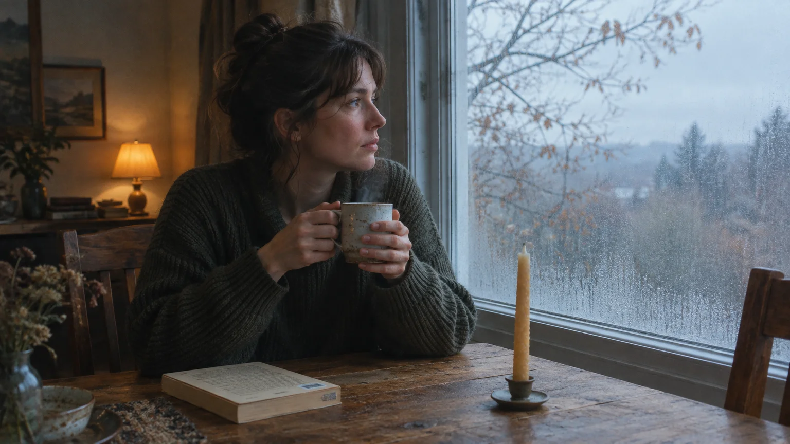 A woman in a dark sweater sits by a rain-streaked window holding a steaming mug beside a book and a candle.