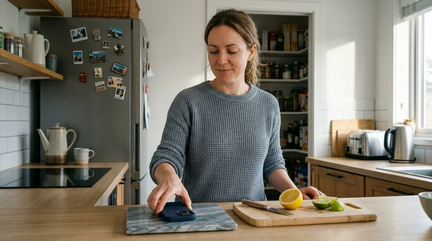 A woman in a gray sweater sets her smartphone face down on a kitchen counter next to sliced limes and a lemon.
