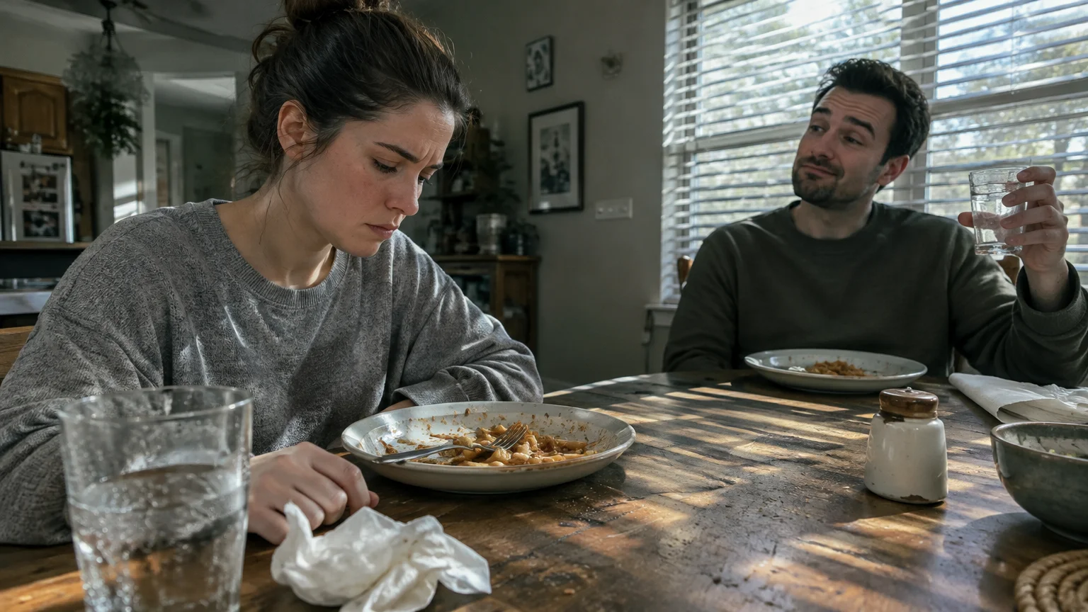 A somber woman looks down at her meal while a man smirks and holds a glass across the dining table.