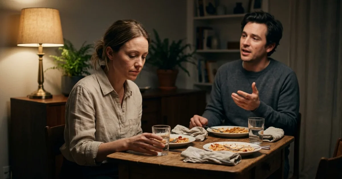 A man gestures while speaking to a subdued woman seated across from him at a wooden dinner table.