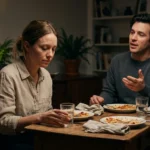 A man gestures while speaking to a subdued woman seated across from him at a wooden dinner table.