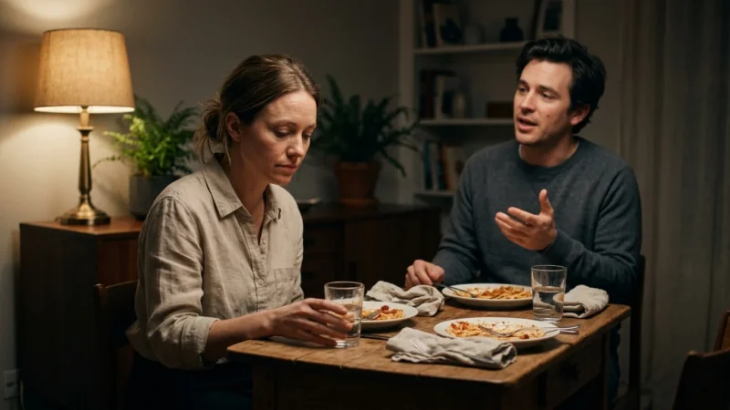 A man gestures while speaking to a subdued woman seated across from him at a wooden dinner table.