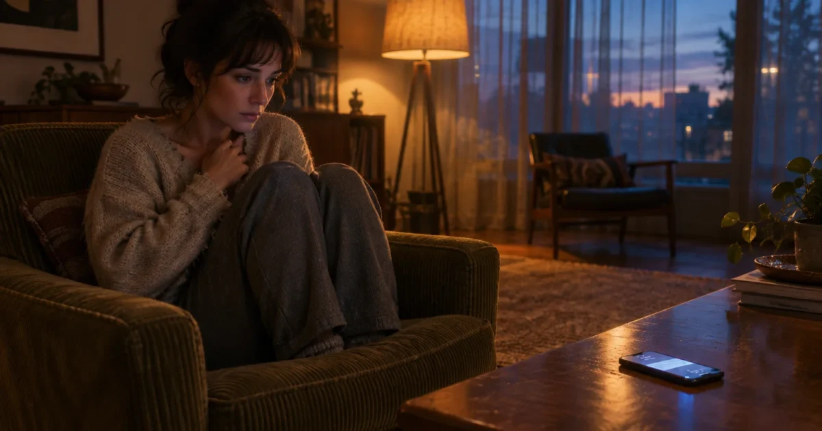 A woman curls up anxiously in an armchair at dusk, staring intently at a smartphone resting on a wooden coffee table.