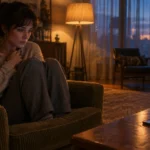 A woman curls up anxiously in an armchair at dusk, staring intently at a smartphone resting on a wooden coffee table.