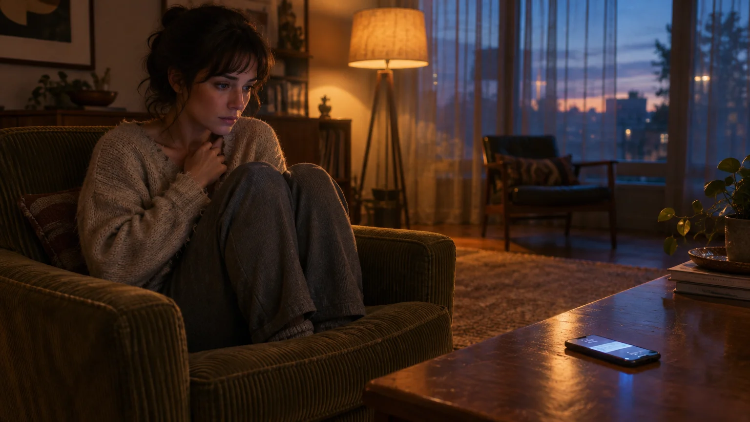 A woman curls up anxiously in an armchair at dusk, staring intently at a smartphone resting on a wooden coffee table.