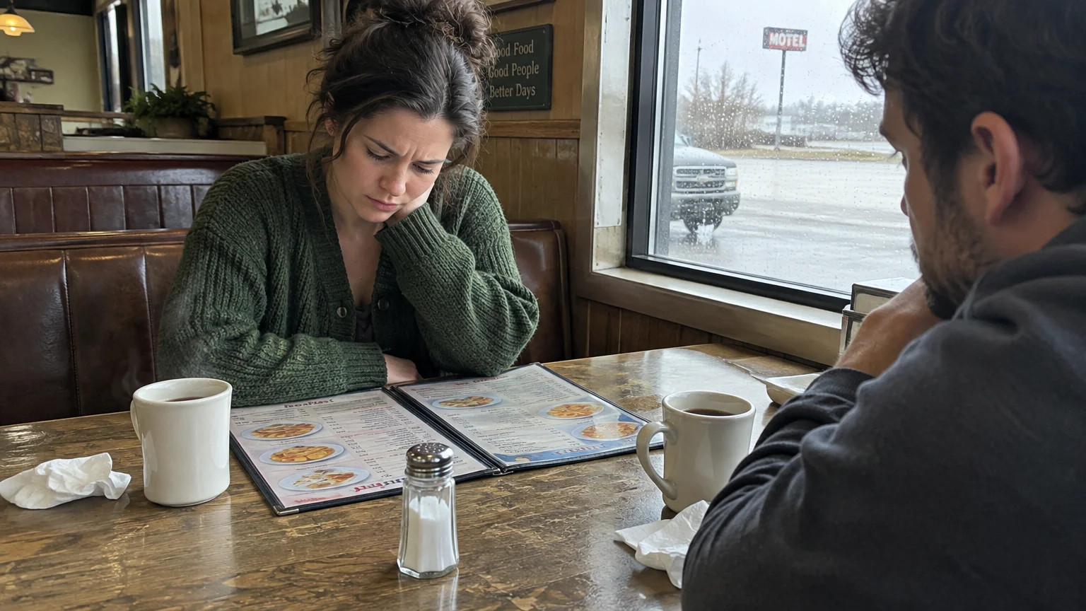 A woman rests her chin on her hand, looking down at a diner menu across the table from a man.