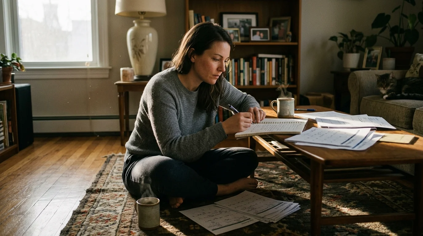 A woman sitting cross-legged on a rug writes in a notebook at a wooden coffee table surrounded by papers and mugs.