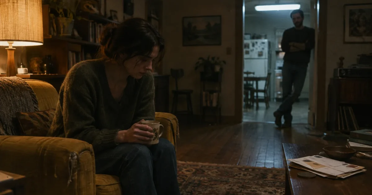 Woman sitting alone on a vintage armchair holding a mug while a man stands watching from a distant doorway.