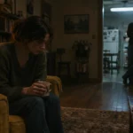 Woman sitting alone on a vintage armchair holding a mug while a man stands watching from a distant doorway.