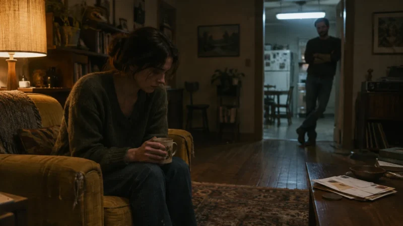 Woman sitting alone on a vintage armchair holding a mug while a man stands watching from a distant doorway.