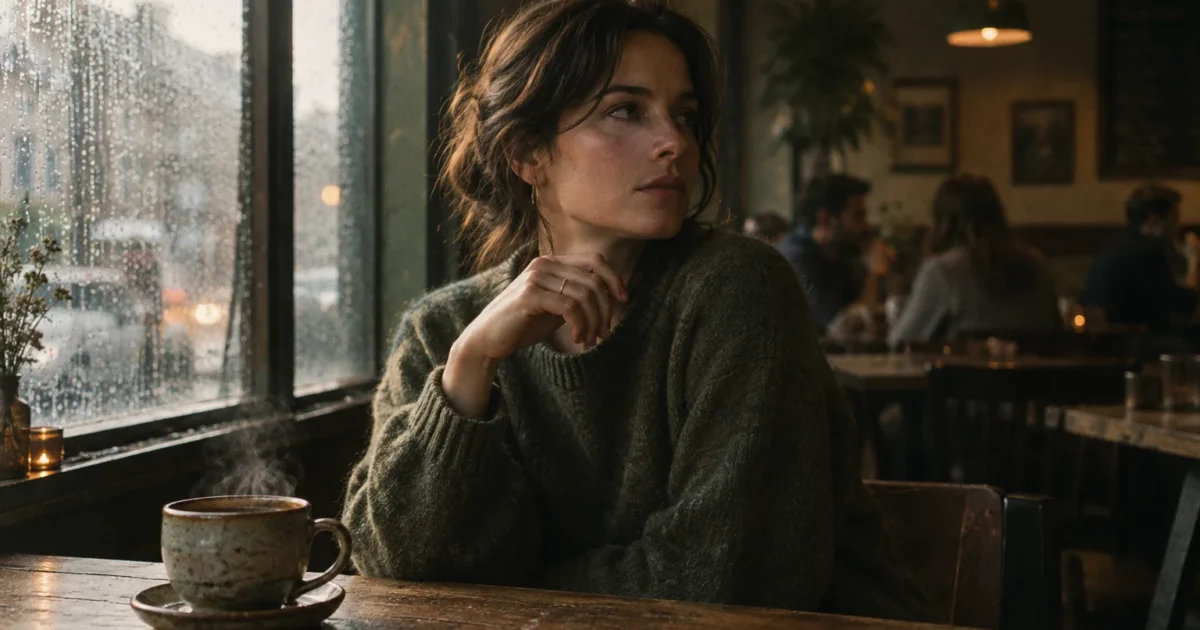 A woman in a green sweater sits at a rustic wooden cafe table with a steaming mug beside a rain-streaked window.