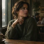 A woman in a green sweater sits at a rustic wooden cafe table with a steaming mug beside a rain-streaked window.