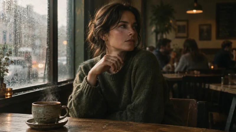 A woman in a green sweater sits at a rustic wooden cafe table with a steaming mug beside a rain-streaked window.