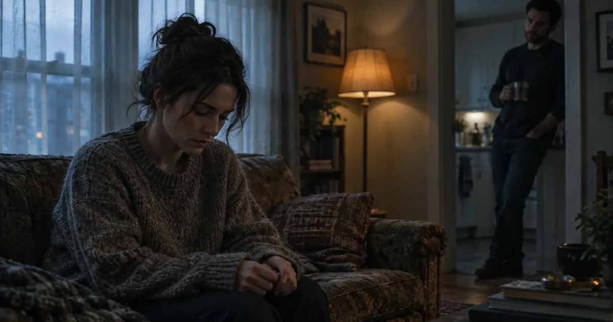 A woman sits thoughtfully on a sofa in a dim living room while a man watches her from an adjoining doorway.