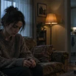 A woman sits thoughtfully on a sofa in a dim living room while a man watches her from an adjoining doorway.