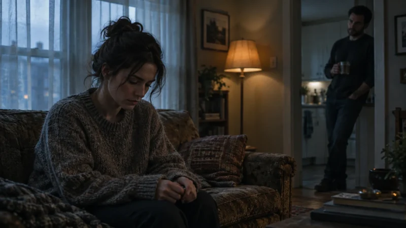 A woman sits thoughtfully on a sofa in a dim living room while a man watches her from an adjoining doorway.