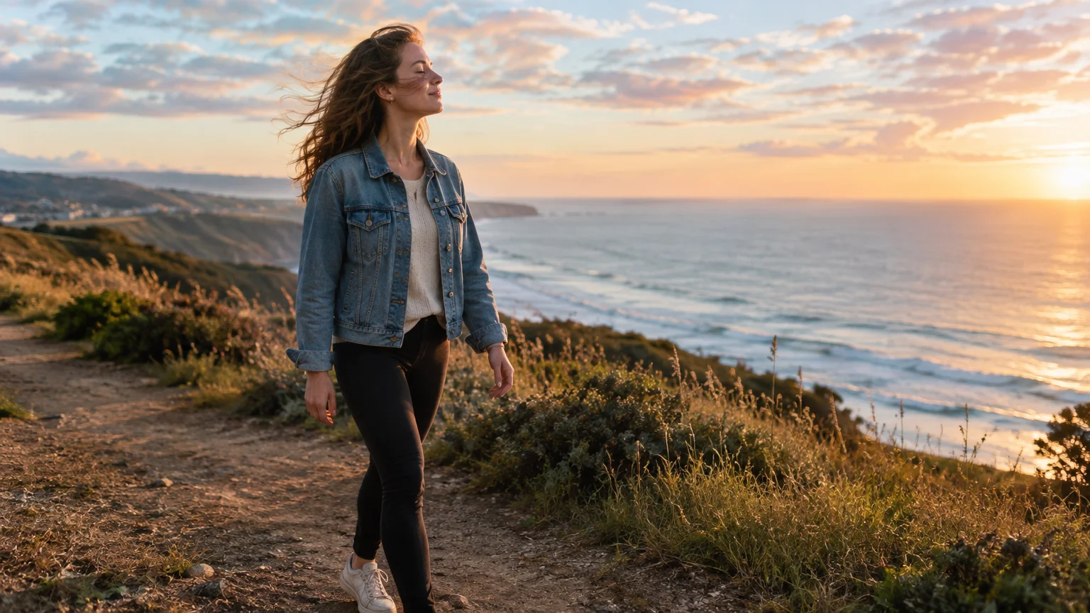 A woman walks along a coastal cliff trail at sunset with her eyes closed as ocean waves crash below.