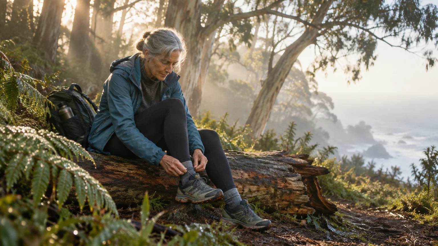 A senior woman sits on a fallen tree trunk along a coastal forest trail, tying her hiking shoe.