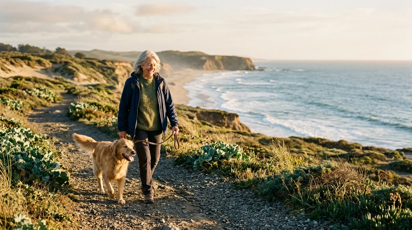 Smiling senior woman walking a golden retriever on a leash along a dirt trail on a coastal bluff overlooking the ocean.