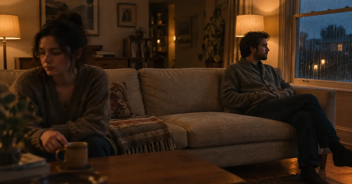 A man sits on a sofa looking out a rainy window while a woman sits facing away in a dim living room.