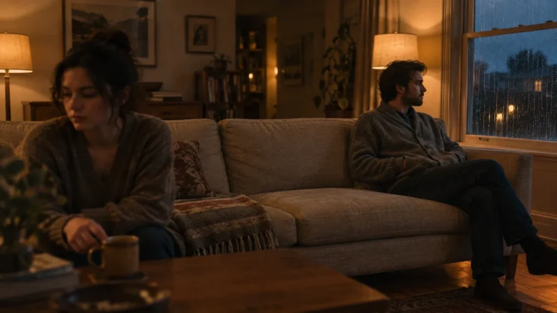 A man sits on a sofa looking out a rainy window while a woman sits facing away in a dim living room.