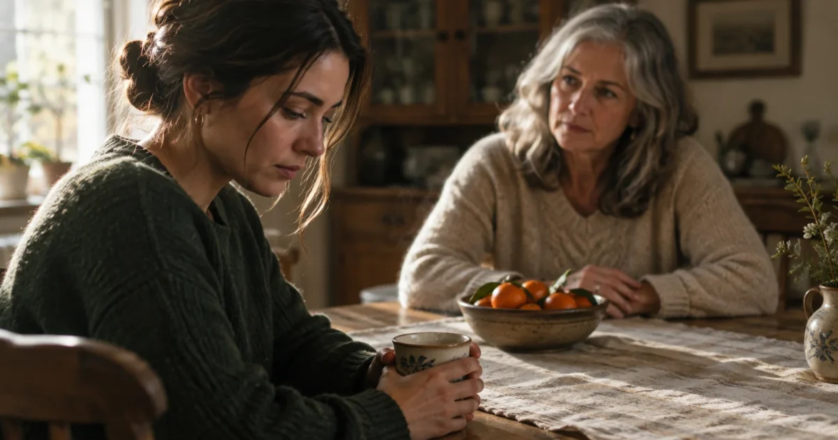 A young woman sits at a rustic table looking down while an older gray-haired woman watches her from across the table.