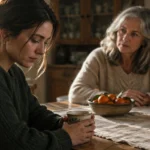 A young woman sits at a rustic table looking down while an older gray-haired woman watches her from across the table.