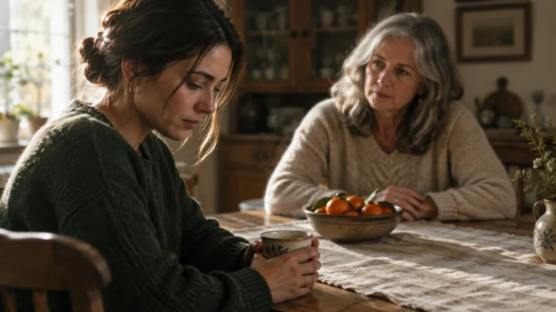 A young woman sits at a rustic table looking down while an older gray-haired woman watches her from across the table.