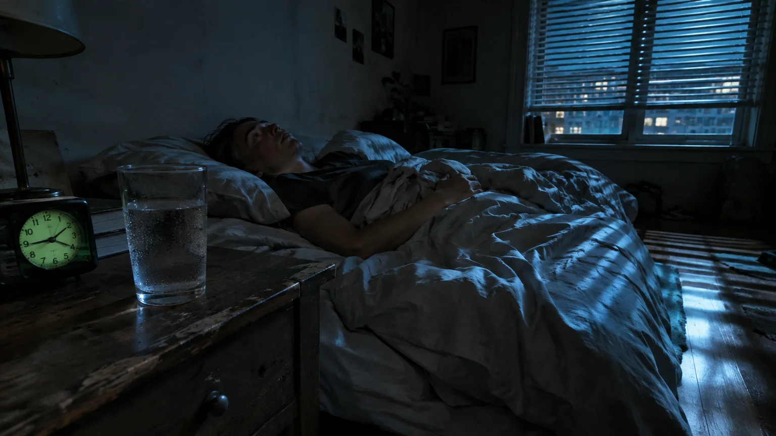 Person lying awake in bed at night, staring at the ceiling next to a glowing alarm clock and glass of water.