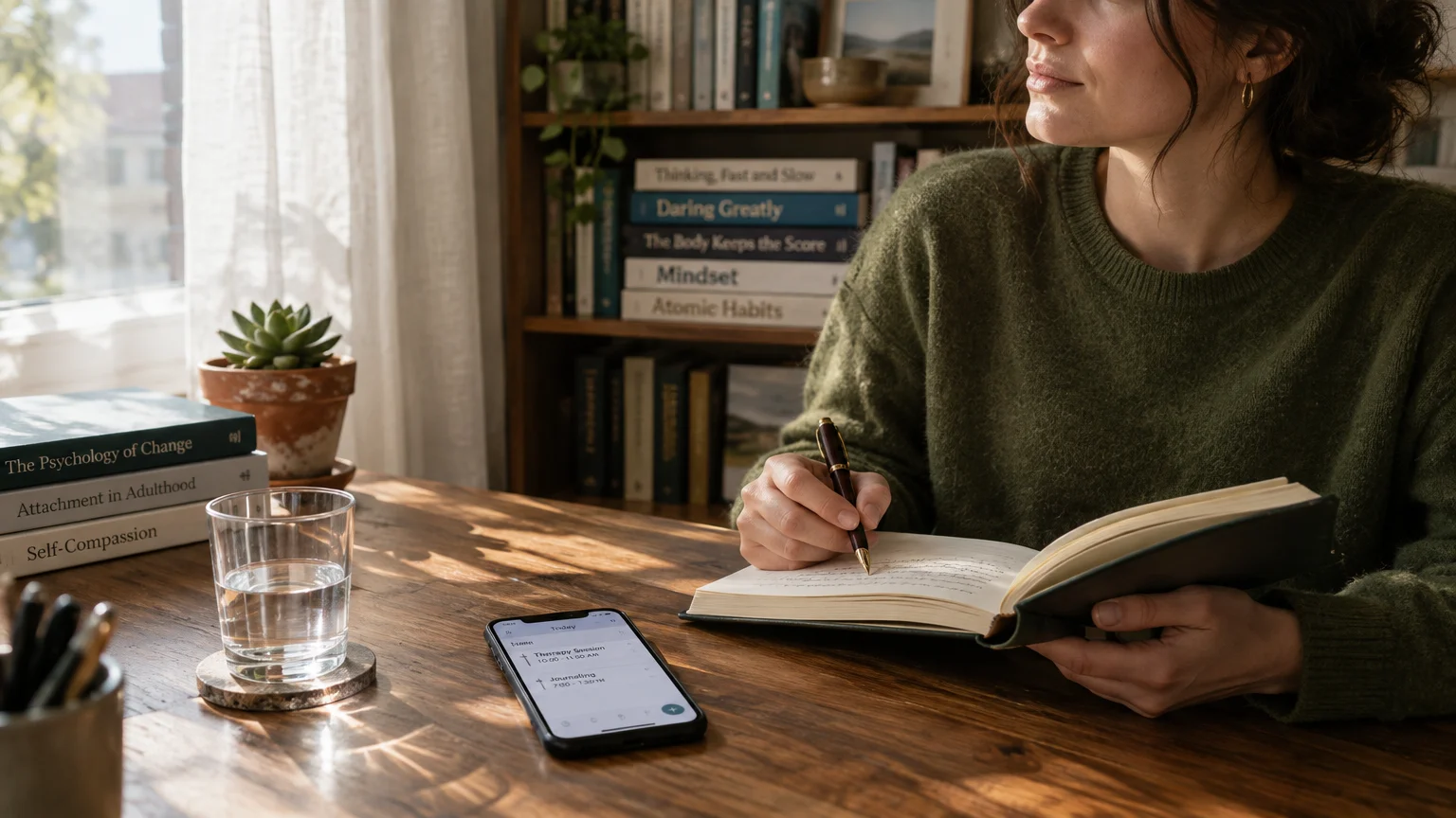 A woman sitting at a sunlit wooden desk writes in a journal beside a smartphone, glass of water, and stacks of books.