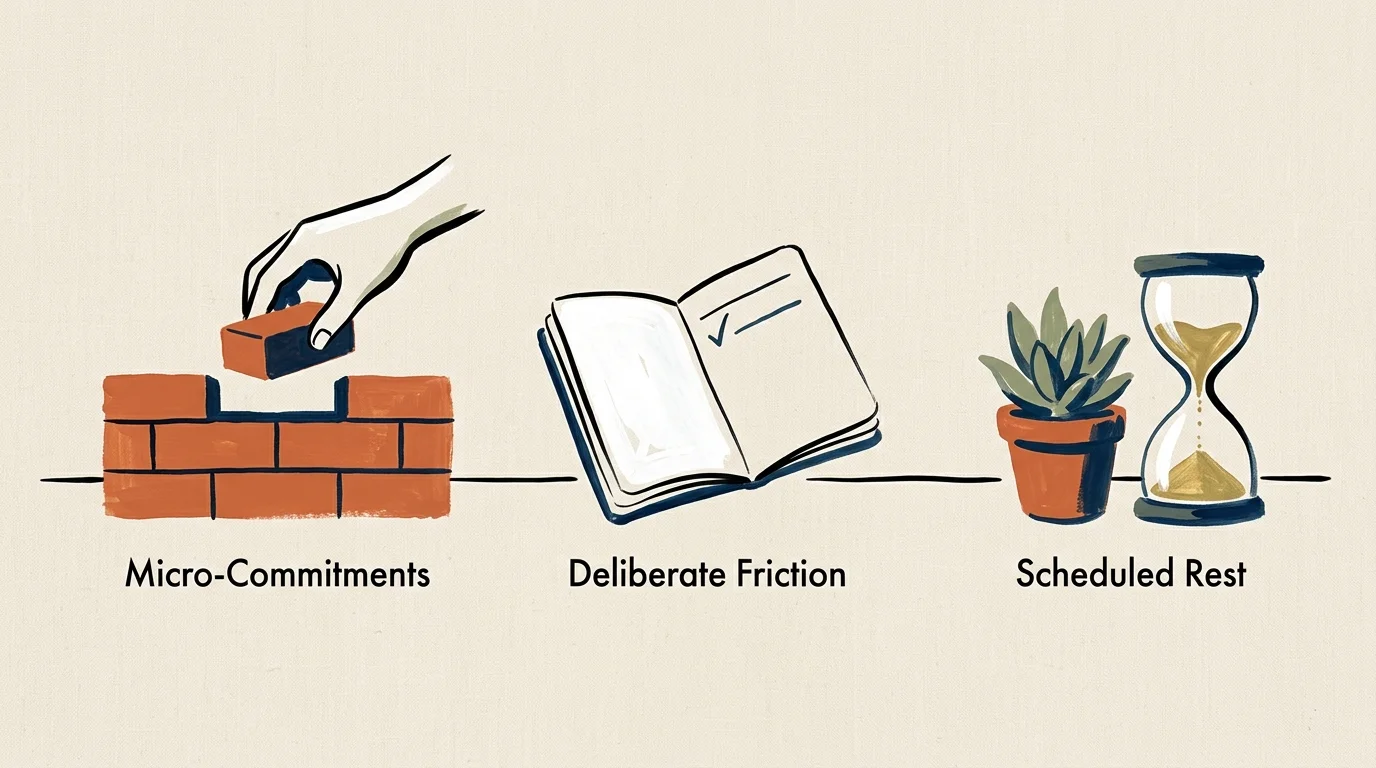 Illustrations of laying a brick, an open notebook, and an hourglass next to a potted plant, labeled with productivity habits.