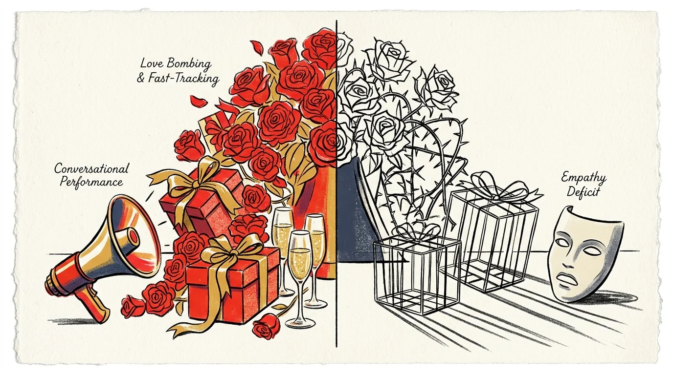 Split drawing contrasting roses, gifts, and a megaphone with thorny vines, cage-like boxes, and a theatrical mask.