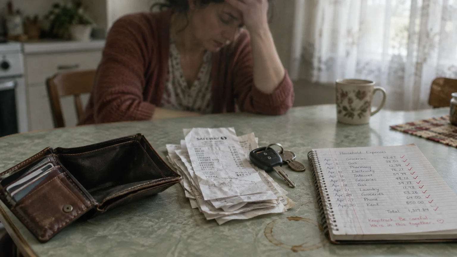 An empty wallet, receipts, keys, and an expense notebook on a table before a stressed woman holding her head.