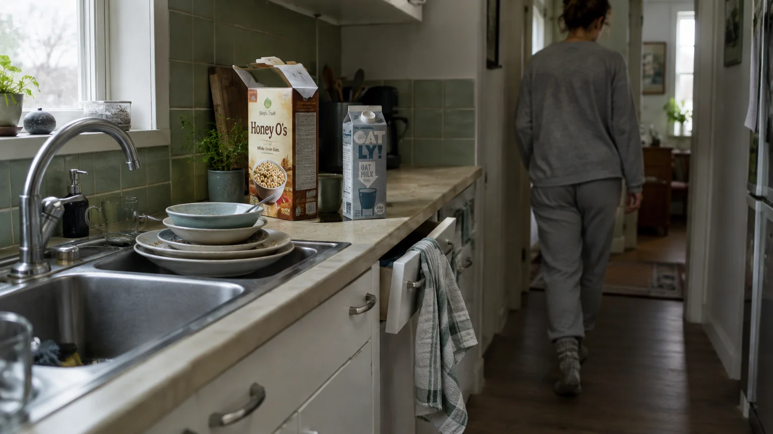 Dirty dishes, cereal, and oat milk sit on a kitchen counter while a person in grey loungewear walks away.
