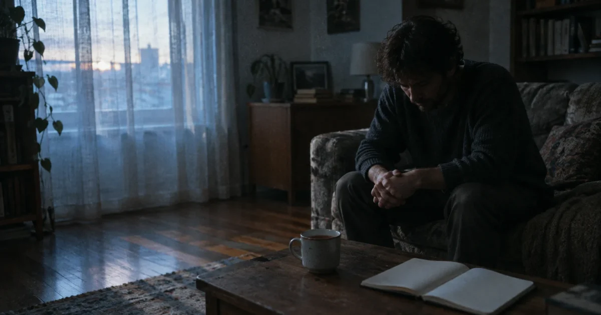 A man sits hunched on a couch looking down at an open book and coffee cup on a wooden table in a dim room.
