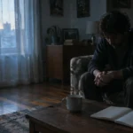 A man sits hunched on a couch looking down at an open book and coffee cup on a wooden table in a dim room.