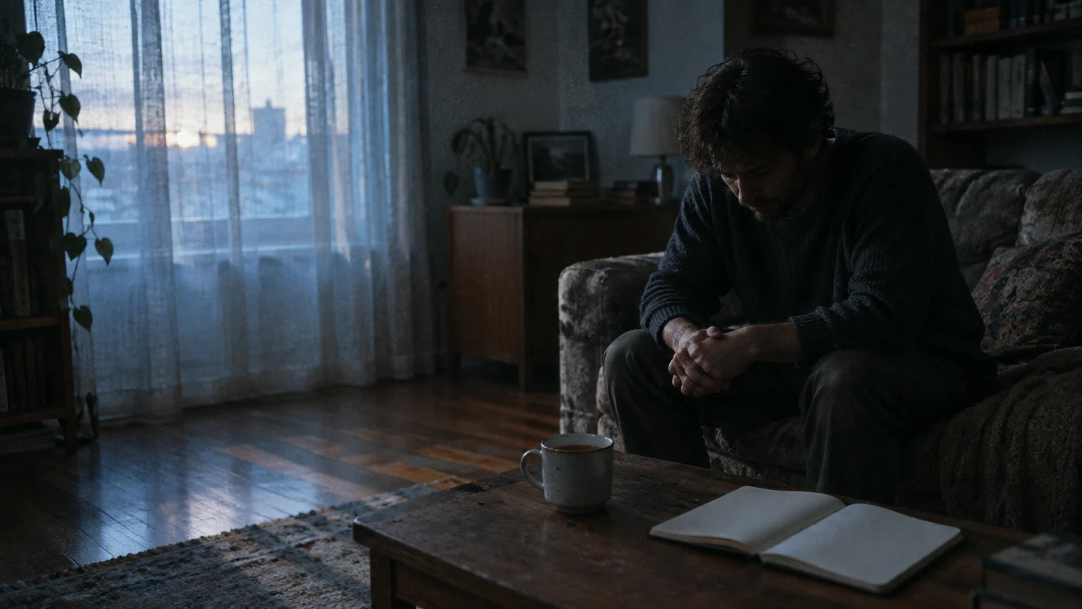 A man sits hunched on a couch looking down at an open book and coffee cup on a wooden table in a dim room.